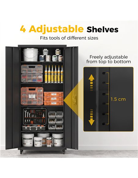 HOMCOM Metal Storage Cabinet, 180 cm Tall Lockable Steel Tool Cabinet with Removable Wheels and Adjustable Shelves, Black - pic 211791 | FastDaddyshop