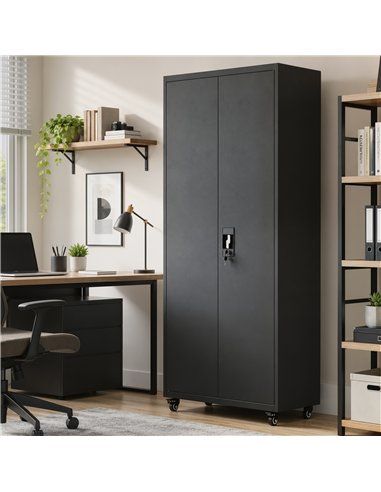 HOMCOM Metal Storage Cabinet, 180 cm Tall Lockable Steel Tool Cabinet with Removable Wheels and Adjustable Shelves, Black