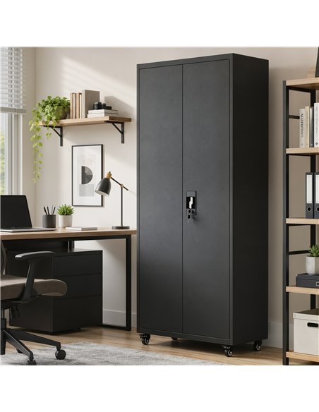 HOMCOM Metal Storage Cabinet, 180 cm Tall Lockable Steel Tool Cabinet with Removable Wheels and Adjustable Shelves, Black - pic 211793 | FastDaddyshop