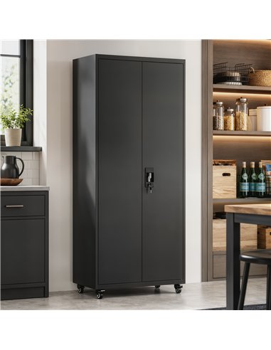 HOMCOM Metal Storage Cabinet, 180 cm Tall Lockable Steel Tool Cabinet with Removable Wheels and Adjustable Shelves, Black