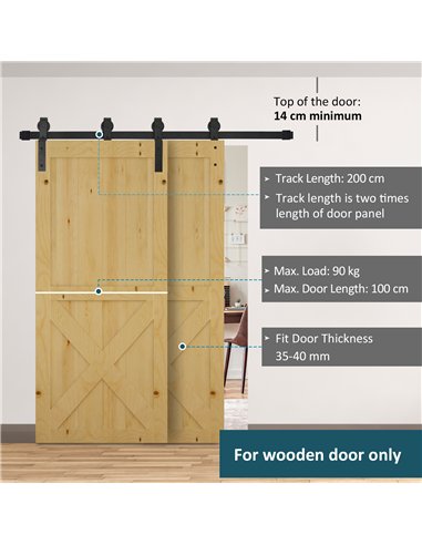 HOMCOM 6.6FT/200cm Sliding Barn Door Hardware Track Kit, 90kg Heavy Duty Carbon Steel Sliding Door Rail for 2 Doors, Black
