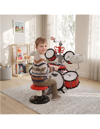 HOMCOM Kids Drum Set for Beginners, Drum Kit with Toy Microphone, Cymbal, Pedal & Drumsticks, Educational Musical Toy, Red