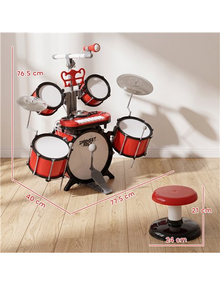 HOMCOM Kids Drum Set for Beginners, Drum Kit with Toy Microphone, Cymbal, Pedal & Drumsticks, Educational Musical Toy, Red - pic 211806 | FastDaddyshop