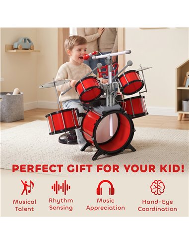 HOMCOM Kids Drum Set for Beginners, Drum Kit with Toy Microphone, Cymbal, Pedal & Drumsticks, Educational Musical Toy, Red