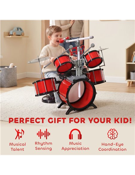 HOMCOM Kids Drum Set for Beginners, Drum Kit with Toy Microphone, Cymbal, Pedal & Drumsticks, Educational Musical Toy, Red - pic 211807 | FastDaddyshop