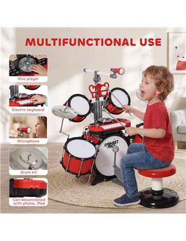 HOMCOM Kids Drum Set for Beginners, Drum Kit with Toy Microphone, Cymbal, Pedal & Drumsticks, Educational Musical Toy, Red