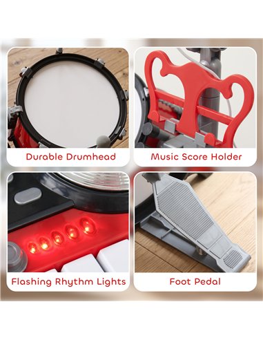 HOMCOM Kids Drum Set for Beginners, Drum Kit with Toy Microphone, Cymbal, Pedal & Drumsticks, Educational Musical Toy, Red