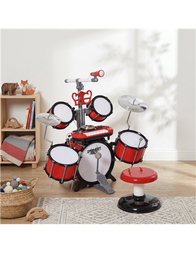 HOMCOM Kids Drum Set for Beginners, Drum Kit with Toy Microphone, Cymbal, Pedal & Drumsticks, Educational Musical Toy, Red