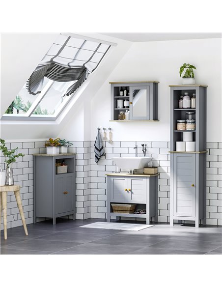 Kleankin Bathroom Free Standing Storage Cabinet with 3 Tier Shelf, Door, Grey - pic 21182 | FastDaddyshop