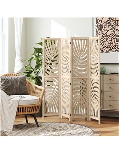 HOMCOM 4 Panel Privacy Screens, Detachable Folding Room Divider with Palm Leaf Design for Home Office, Natural Wood Finish 2
