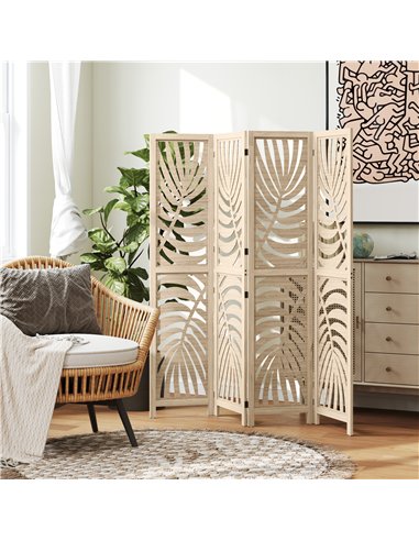 HOMCOM 4 Panel Privacy Screens, Detachable Folding Room Divider with Palm Leaf Design for Home Office, Natural Wood Finish