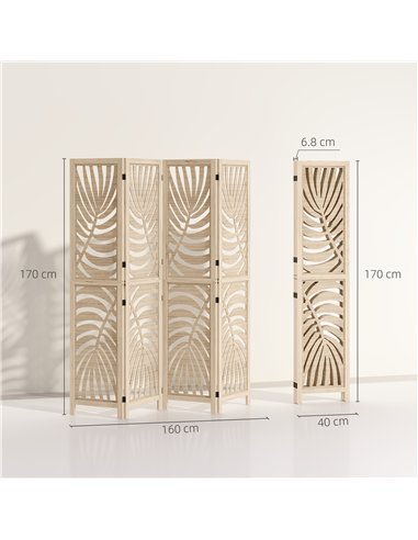 HOMCOM 4 Panel Privacy Screens, Detachable Folding Room Divider with Palm Leaf Design for Home Office, Natural Wood Finish