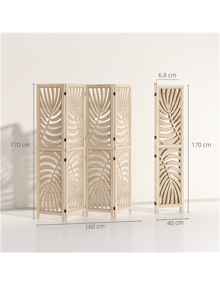 HOMCOM 4 Panel Privacy Screens, Detachable Folding Room Divider with Palm Leaf Design for Home Office, Natural Wood Finish - pic 211824 | FastDaddyshop