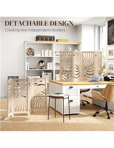 HOMCOM 4 Panel Privacy Screens, Detachable Folding Room Divider with Palm Leaf Design for Home Office, Natural Wood Finish