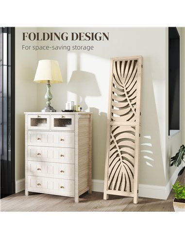 HOMCOM 4 Panel Privacy Screens, Detachable Folding Room Divider with Palm Leaf Design for Home Office, Natural Wood Finish