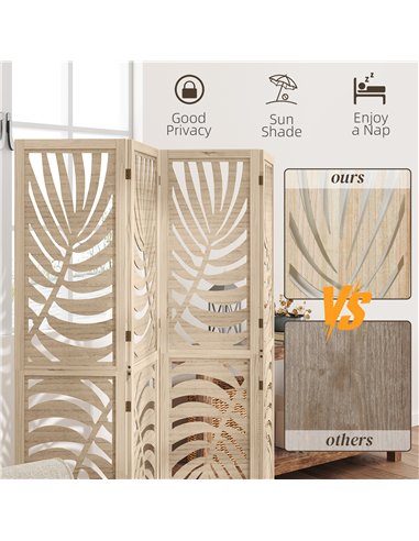 HOMCOM 4 Panel Privacy Screens, Detachable Folding Room Divider with Palm Leaf Design for Home Office, Natural Wood Finish