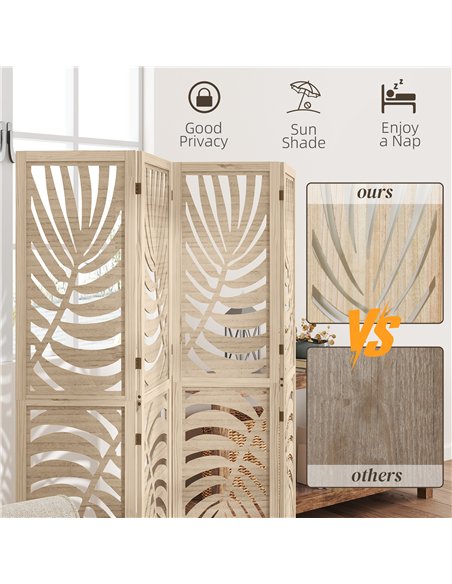 HOMCOM 4 Panel Privacy Screens, Detachable Folding Room Divider with Palm Leaf Design for Home Office, Natural Wood Finish - pic 211827 | FastDaddyshop