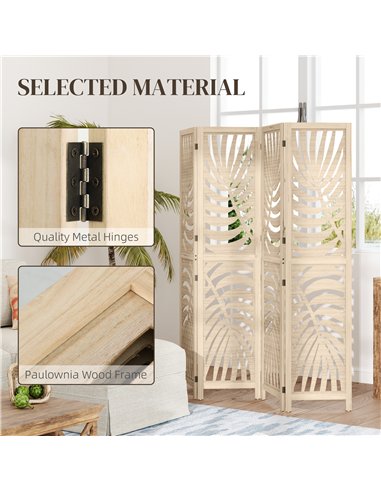 HOMCOM 4 Panel Privacy Screens, Detachable Folding Room Divider with Palm Leaf Design for Home Office, Natural Wood Finish