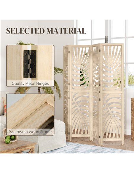 HOMCOM 4 Panel Privacy Screens, Detachable Folding Room Divider with Palm Leaf Design for Home Office, Natural Wood Finish - pic 211828 | FastDaddyshop
