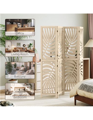 HOMCOM 4 Panel Privacy Screens, Detachable Folding Room Divider with Palm Leaf Design for Home Office, Natural Wood Finish