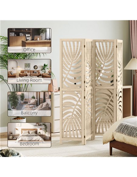 HOMCOM 4 Panel Privacy Screens, Detachable Folding Room Divider with Palm Leaf Design for Home Office, Natural Wood Finish - pic 211829 | FastDaddyshop