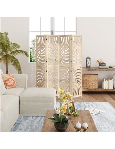 HOMCOM 4 Panel Privacy Screens, Detachable Folding Room Divider with Palm Leaf Design for Home Office, Natural Wood Finish