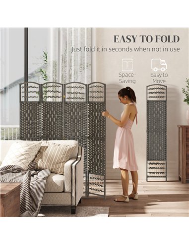 HOMCOM 4 Panel Folding Privacy Screen, Room Divider with Pine Wood Frame for Living Room and Office, Dark Grey