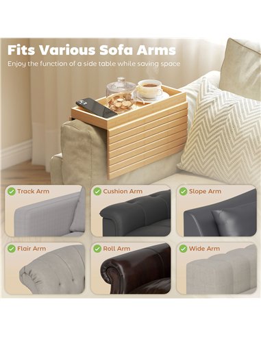 HOMCOM Bamboo Sofa Arm Tray, Foldable Anti-Slip Armrest Tray for Drinks and Snacks, Natural Wood Finish