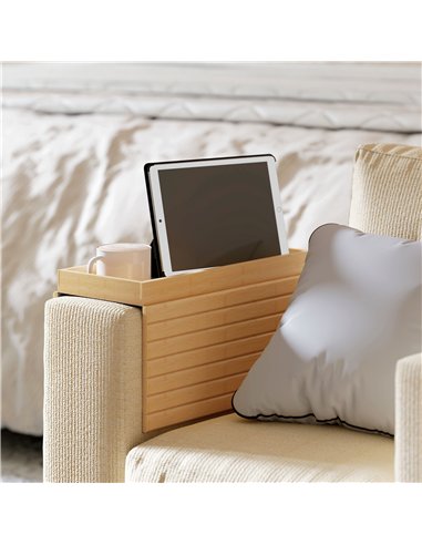 HOMCOM Bamboo Sofa Arm Tray, Foldable Anti-Slip Armrest Tray for Drinks and Snacks, Natural Wood Finish