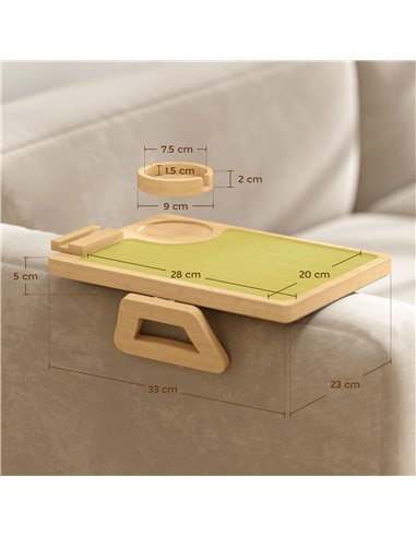 HOMCOM Anti-Slip Sofa Armrest Tray, Bamboo Sofa Arm Tray with 360° Phone Holder and Removable Cup Holder, Natural