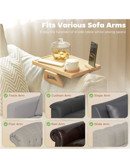 HOMCOM Anti-Slip Sofa Armrest Tray, Bamboo Sofa Arm Tray with 360° Phone Holder and Removable Cup Holder, Natural - pic 211870 | FastDaddyshop