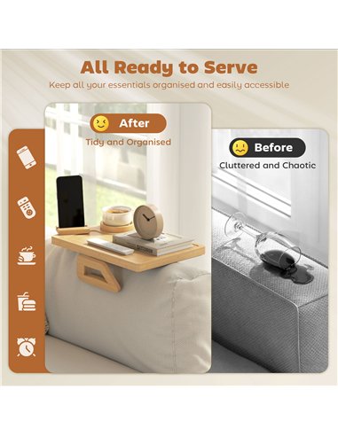 HOMCOM Anti-Slip Sofa Armrest Tray, Bamboo Sofa Arm Tray with 360° Phone Holder and Removable Cup Holder, Natural