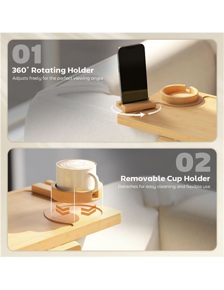 HOMCOM Anti-Slip Sofa Armrest Tray, Bamboo Sofa Arm Tray with 360° Phone Holder and Removable Cup Holder, Natural - pic 211872 | FastDaddyshop