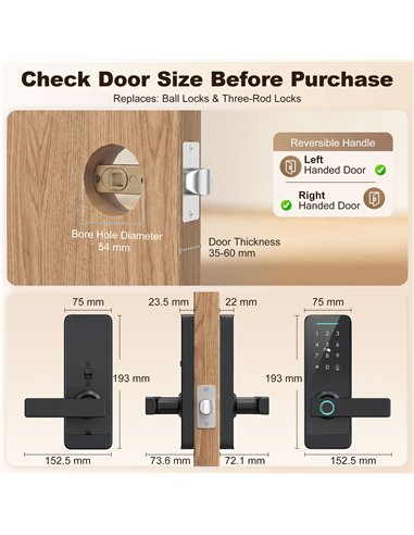 HOMCOM Smart Door Lock, 5-in-1 (Fingerprint/Passcode/Bluetooth APP/NFC Card/Key), Built-in Doorbell, Keyless Electronic Lock