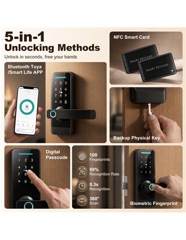 HOMCOM Smart Door Lock, 5-in-1 (Fingerprint/Passcode/Bluetooth APP/NFC Card/Key), Built-in Doorbell, Keyless Electronic Lock