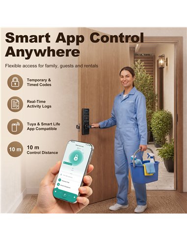HOMCOM Smart Door Lock, 5-in-1 (Fingerprint/Passcode/Bluetooth APP/NFC Card/Key), Built-in Doorbell, Keyless Electronic Lock