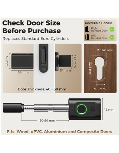 HOMCOM Smart Door Cylinder, 5-in-1 (Fingerprint Biometrics/Passcode/APP/NFC Card/Key), Shared Access, Bluetooth Cylinder