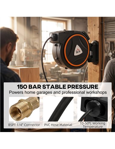 HOMCOM Auto Rewind Hose Reel, Retractable Air Hose Reel 15 m and 1.5 m, 150 Bar with 1/4" BSPT Connector, Black