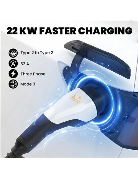 HOMCOM Type 2 EV Charging Cable, 22kW, 32A, Mode 3, 3-Phase, 10m Type 2 to Type 2 EV Extension Cable for EVs, PHEVs - pic 211951 | FastDaddyshop