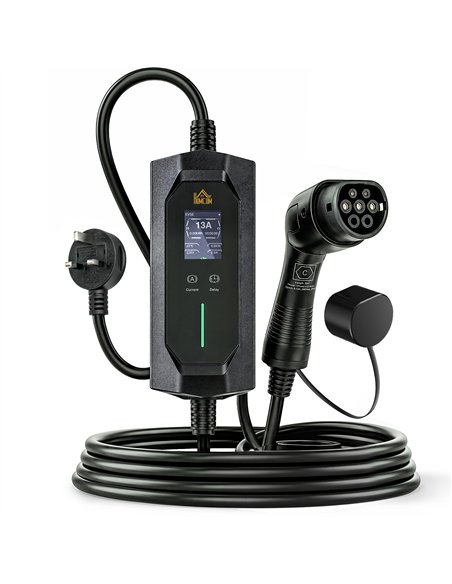 HOMCOM EV Charger Type 2 to 3 Pin Plug, 10 m, 2.8 kW, 6-13 A, Electric Car Charger Type 2 Charging Cable w/ 1-12 h Time Delay - pic 211957 | FastDaddyshop