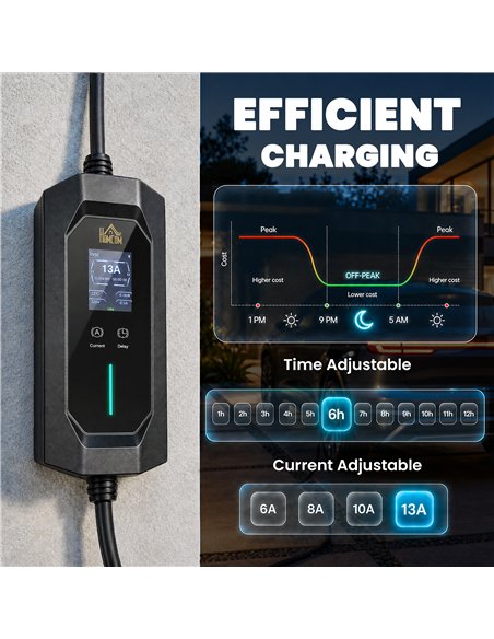 HOMCOM EV Charger Type 2 to 3 Pin Plug, 10 m, 2.8 kW, 6-13 A, Electric Car Charger Type 2 Charging Cable w/ 1-12 h Time Delay - pic 211960 | FastDaddyshop