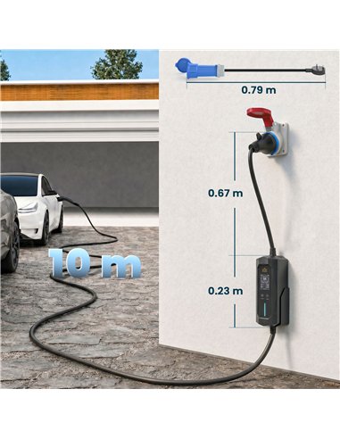 HOMCOM EV Charger 7kW Type 2 to CEE 32A Plug with UK Adapter, 10 m, 6-32A, Electric Car Charger w/ 1-12 h Time Delay