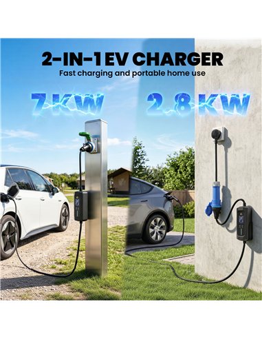 HOMCOM EV Charger 7kW Type 2 to CEE 32A Plug with UK Adapter, 10 m, 6-32A, Electric Car Charger w/ 1-12 h Time Delay