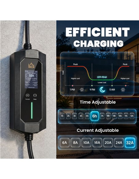 HOMCOM EV Charger 7kW Type 2 to CEE 32A Plug with UK Adapter, 10 m, 6-32A, Electric Car Charger w/ 1-12 h Time Delay - pic 211970 | FastDaddyshop