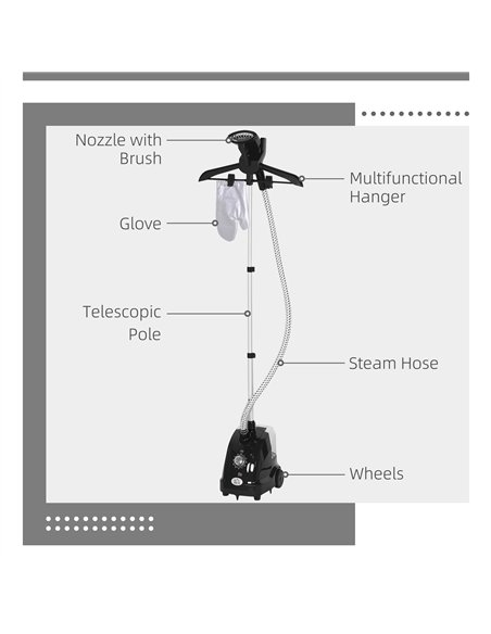 HOMCOM Clothes Steamer with Adjustable Pole Clothes Steamer 11 Steam Levels 41-110 cm Black - pic 211988 | FastDaddyshop