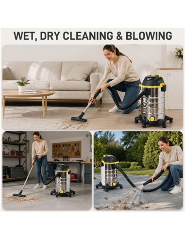 HOMCOM 1400W Vacuum Cleaner, 3-in-1 Wet and Dry Vacuum Cleaner with Blowing Mode and 30L Stainless Steel Tank, Yellow