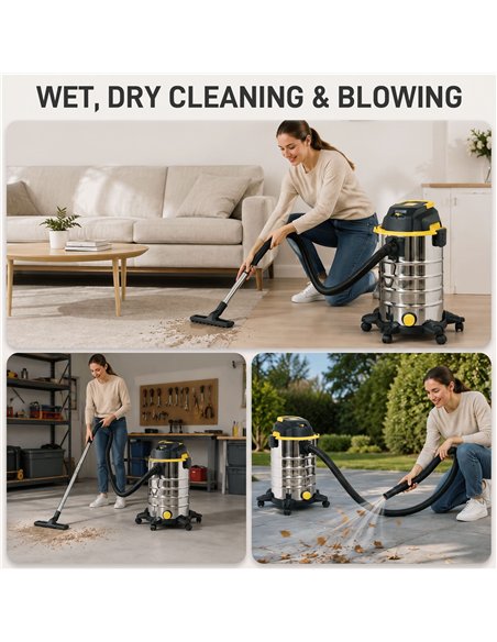 HOMCOM 1400W Vacuum Cleaner, 3-in-1 Wet and Dry Vacuum Cleaner with Blowing Mode and 30L Stainless Steel Tank, Yellow - pic 211996 | FastDaddyshop