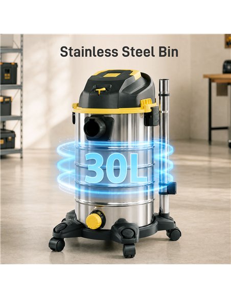 HOMCOM 1400W Vacuum Cleaner, 3-in-1 Wet and Dry Vacuum Cleaner with Blowing Mode and 30L Stainless Steel Tank, Yellow - pic 211997 | FastDaddyshop