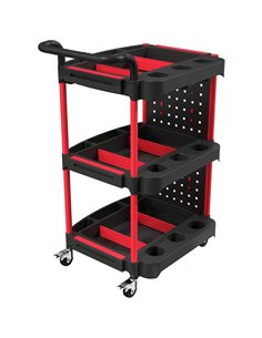 HOMCOM 3-Tier Rolling Tool Cart with Pegboard and Hooks, Storage Trolley Wheel Cart with Brakes, Black & Red