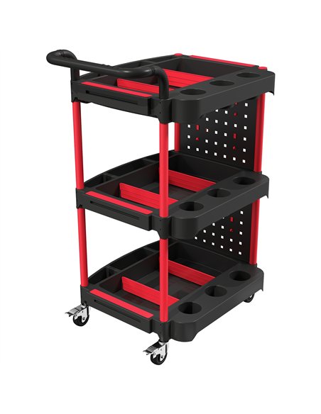 HOMCOM 3-Tier Rolling Tool Cart with Pegboard and Hooks, Storage Trolley Wheel Cart with Brakes, Black & Red - pic 212092 | FastDaddyshop